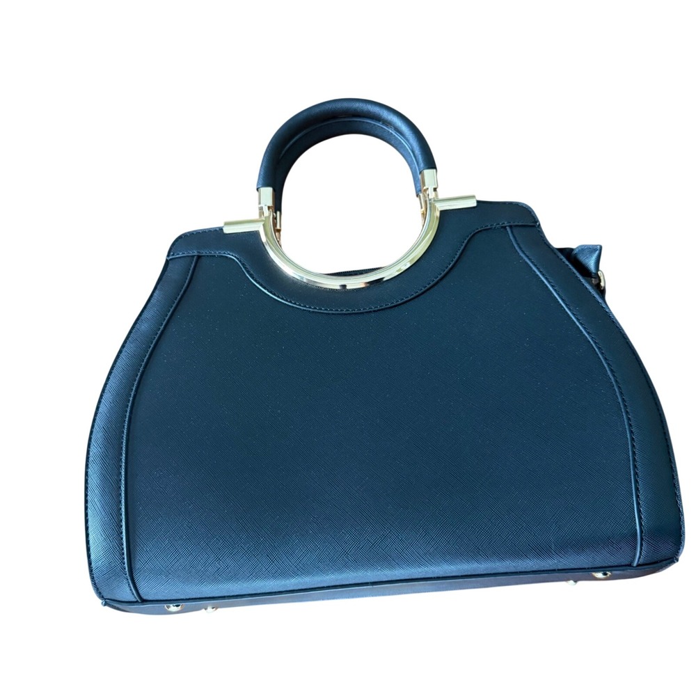 Black Top Handle Purse Satchel Bag Gold Tone Ring Handle Pocket Old Money Luxury
